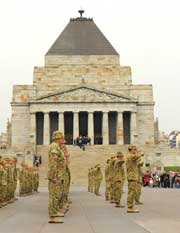 The 140 strong Operation Anode rotation 18 contingent at their Melbourne Shrine of Remembrance welcome home parade, hosted by Victoria's 4 Brigade in conjunction with the Defence Reserves Association. 