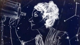 A drawing of a woman looking through a telescope