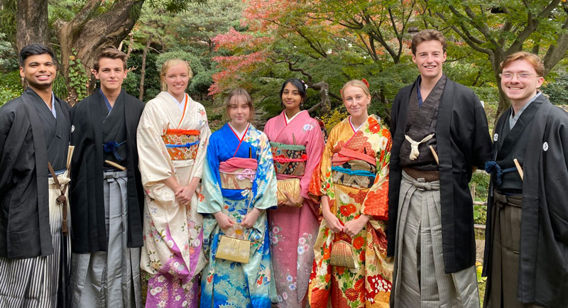 UniSA psychology student Luke Male, far right, participating in a kimono fitting in Chigasaki as part of the 2023 Mitsui Educational Foundation (MEF) Australian Japan study tour.