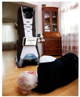 Robot in front of elderly person who has fallen over