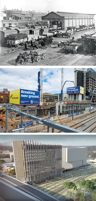 Images show the same area of Adelaide’s west end: The Railway Goods Yard in 1903 (photo from the State Library of South Australia [B 3527]); the view from Morphett Street bridge in 2016; and the future view from the same spot of the Health Innovation Building – in which Sci.C.Ed will be housed – in South Australia’s new Health and Biomedical Precinct (architects impression provided by Swanbury Penglase + BVN).