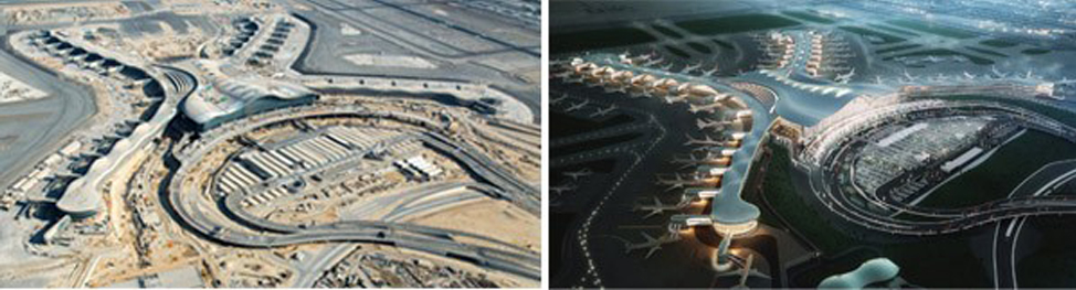 Abu Dhabi Airport's Midfield Terminal nearing completion, Abu Dhabi Airports (left) & KPF (right)
