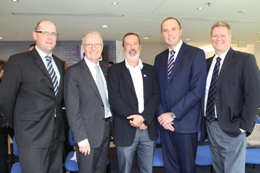 Stephen Rodda (UniSA), Warwick Anderson (NHMRC), Prof Angel Lopez (CCB), Minister Peter Dutton and Prof Robert Vink (UniSA).