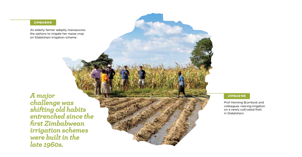 Prof Henning Bjornlund and colleagues viewing irrigation on a newly cultivated field in Silalatshani