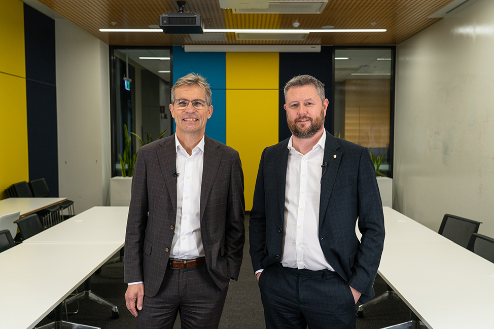 Leading the way to a new university: University of Adelaide Vice-Chancellor, Professor Peter Høj AC, and the University of South Australia Vice Chancellor, Professor David Lloyd