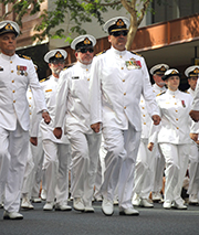 BRISBANE, AUSTRALIA - APRIL 25 : Naval personnel march along the route during Anzac day commemorations.Image: paintings / Shutterstock.com