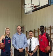 (L-R) Basketball player,Demi Skinner, Basketball SA CEO Mark Hubbard, UniSA’s Head of School of Health Sciences Professor Roger Eston and player, Biar Garang