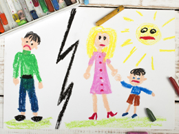 Child's illustration of a mother, father and child who are separating