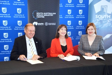 UniSA DVC: Research,  Prof Tanya Monro with SA Minister for Education, Susan Close and President of the ISU, Walter Peeters