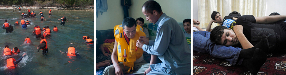 Three image compilation: refugees in orange life jackets wading through the sea to the shore; Man being helped out of a life jacket; Men sleeping on a carpeted floor