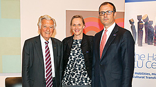 Former Prime Minisher Bob Hawke, Associate Professor Jennifer Rutherford and EU Ambassador, HE Mr Sem Fabri