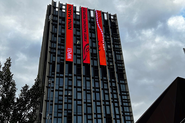 Bradley building displaying the WIPC banners