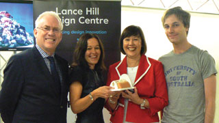 (L-R) Hills CEO Ted Pretty, the Centre leaders Leica Ison and Peta Jurd, and UniSA industrial design student Robert White.