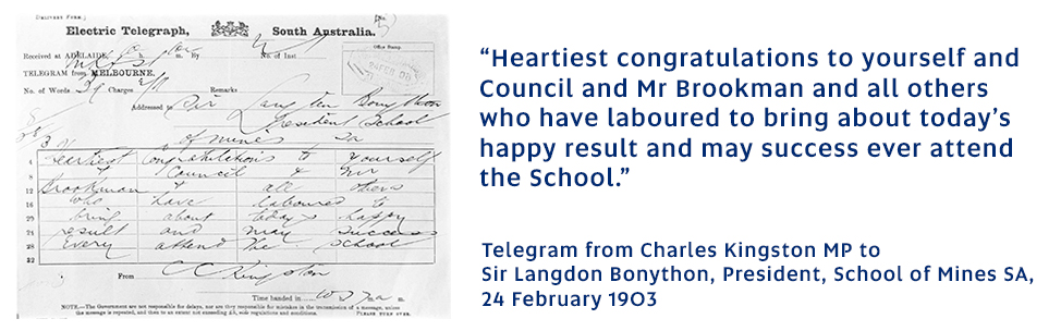 Telegram from Charles Kingston MP to Sir Langdon Bonython, President School of Mines SA, 24 February 1903