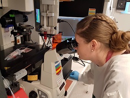 Women looking into a microscope in a lab