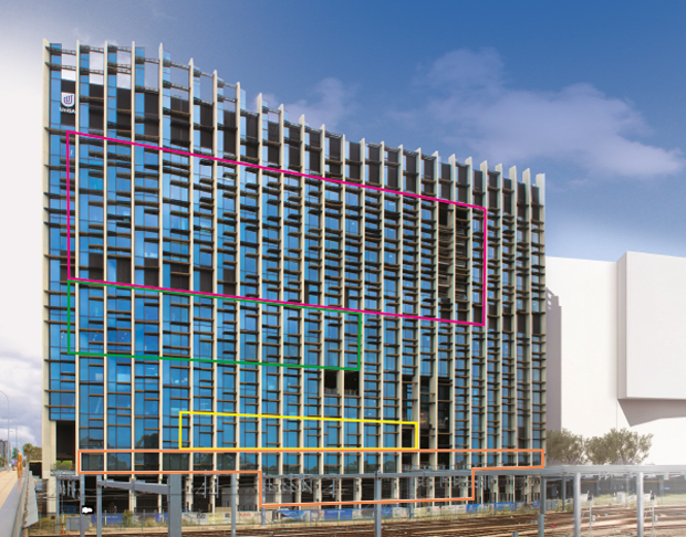 The north face of the new Health Innovation Building, viewed from Morphett Street bridge, in late 2017. Photo by Brenton Edwards.