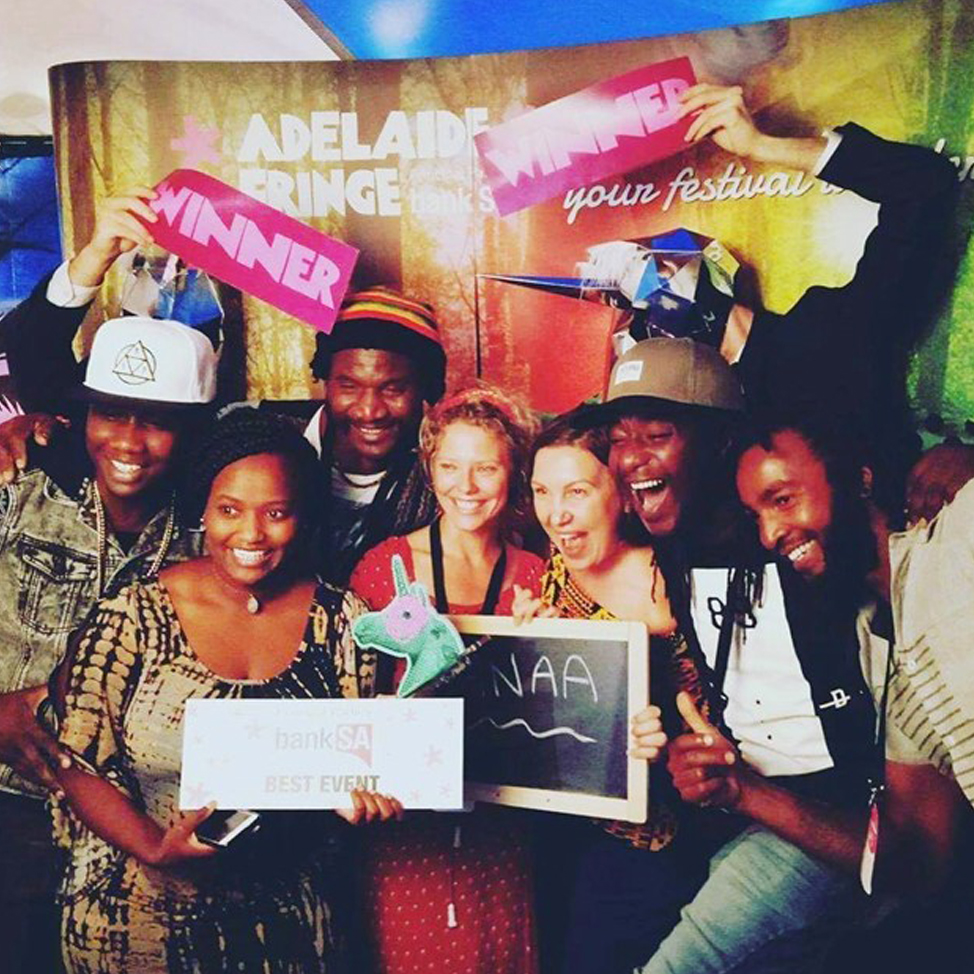 Victoria Lewis (centre) and her Sanaa team celebrating their 2017 Adelaide Fringe Award. 