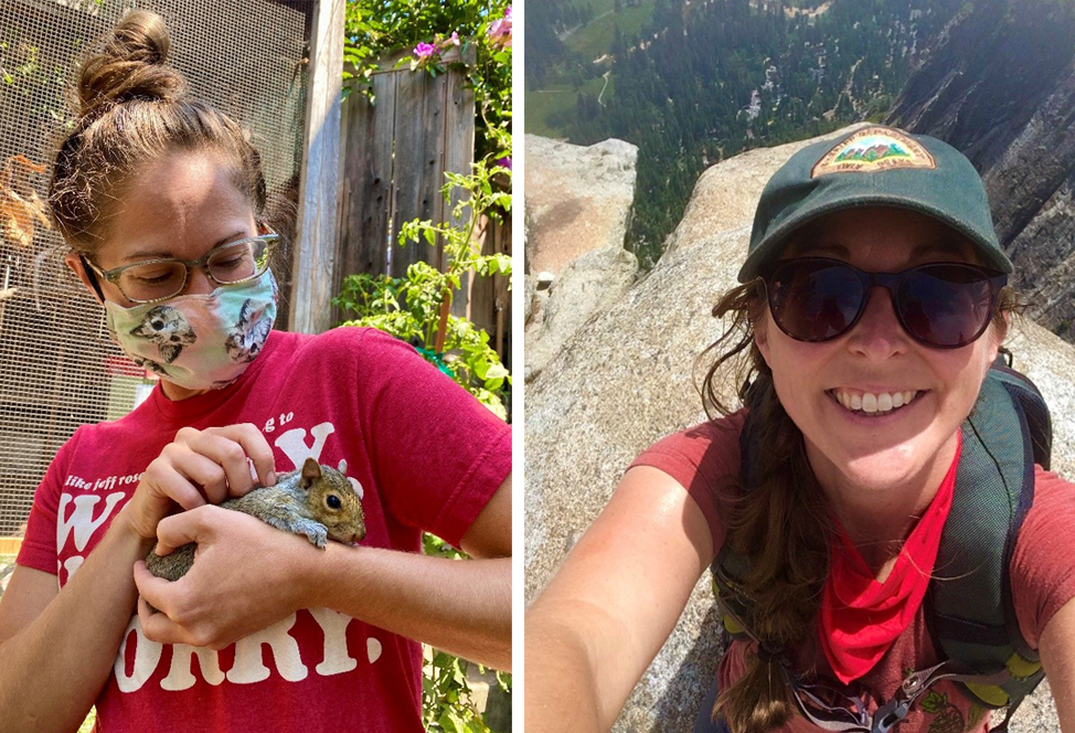 Cassie at the wildlife rescue centre with an orphaned squirrel in rehab for release (left) and hiking in Yosemite National Park, California (right).