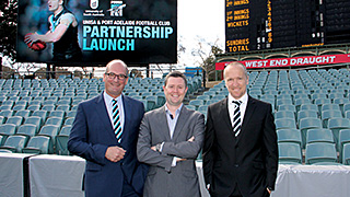 (L-R) Port Adelaide chairman David Koch, UniSA Vice Chancellor Professor David Lloyd and Port Adelaide high performance manager Darren Burgess.