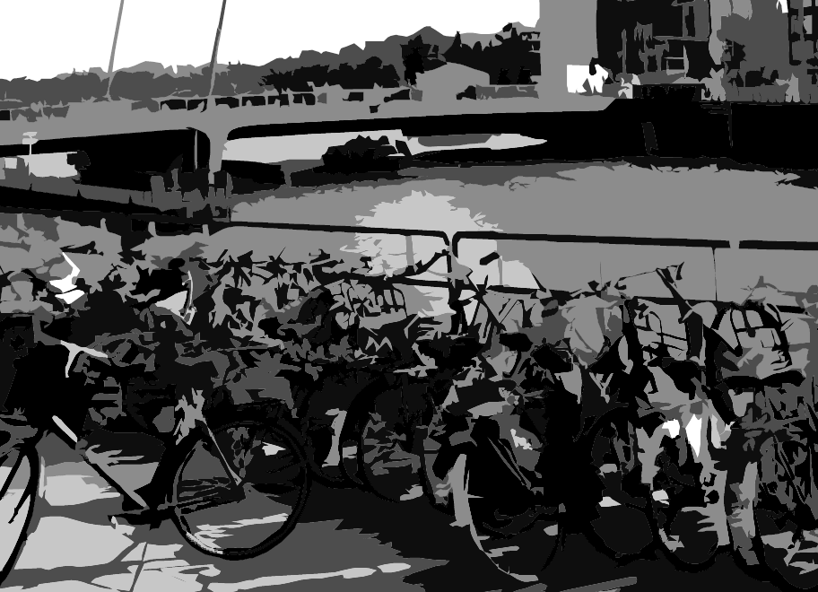 A stylised image of a bicycle at a riverfront with a bridge in the background