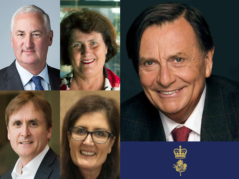 Clockwise from top right: UniSA Council Member Jim Whalley AO, Professor Jennifer McKay AM, the Late Mr John Humphries AC CBE DUniv, Clinical educator Suzanne Caragianis OAM, and Prof Anthony Elliott AM. 