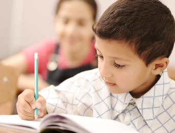 Schoolboy working in class