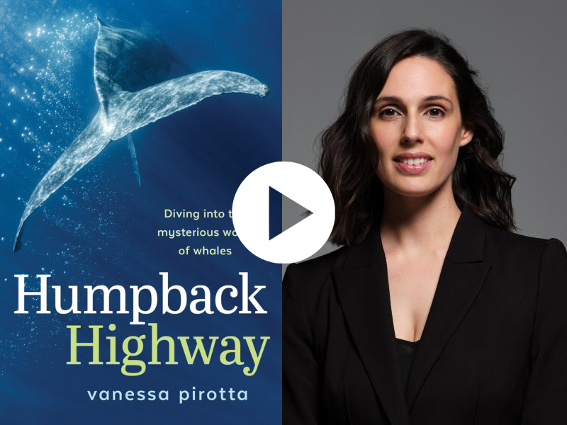 Vanessa Pirotta with the cover of her book Humpback Highway