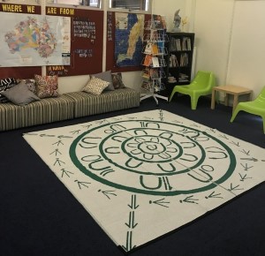 A Yarning Circle on a carpet is placed in front of a couch.