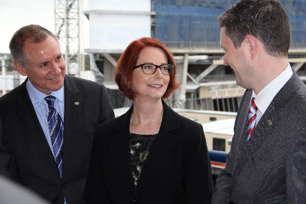 South Australian Premier Jay Weatherill and former Prime Minister Julia Gillard with Professor David Lloyd on City West campus, discussing the Centre for Cancer Biology