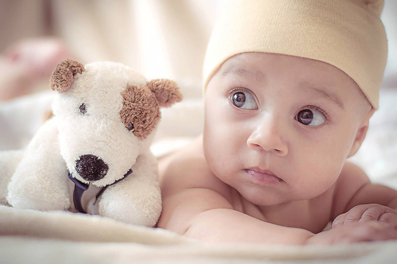 A baby with a plush toy dog