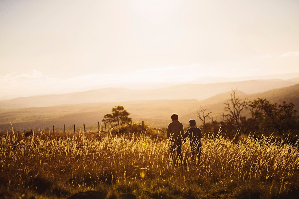 Two young boys walking through a field