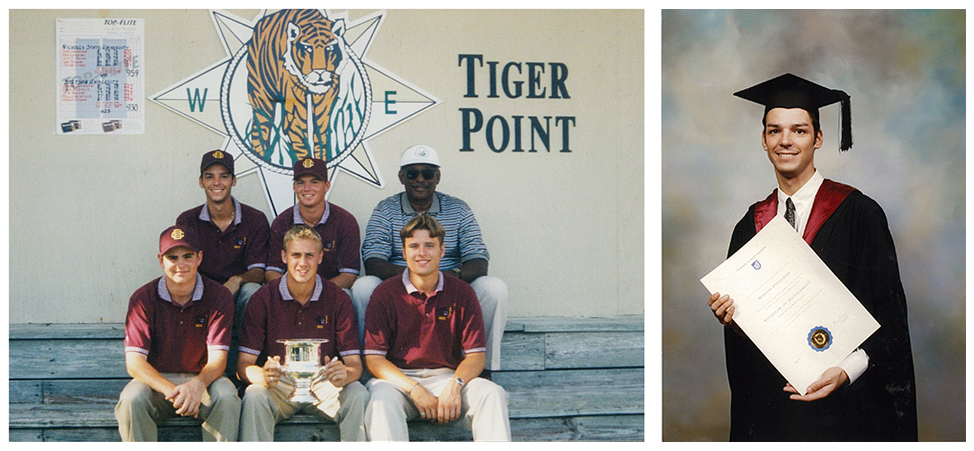 From left: Martin with his college golf team, and in academic robes at his graduation ceremony