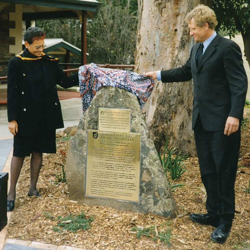 Professor Mary Ann Bin-Sallik, Dean of the College of Indigenous Education & Research, and Pro Vice Chancellor: Education, Arts & Social Sciences, Professor Michael Rowan, unveil the Magill Campus Reconciliation stone, 1997.