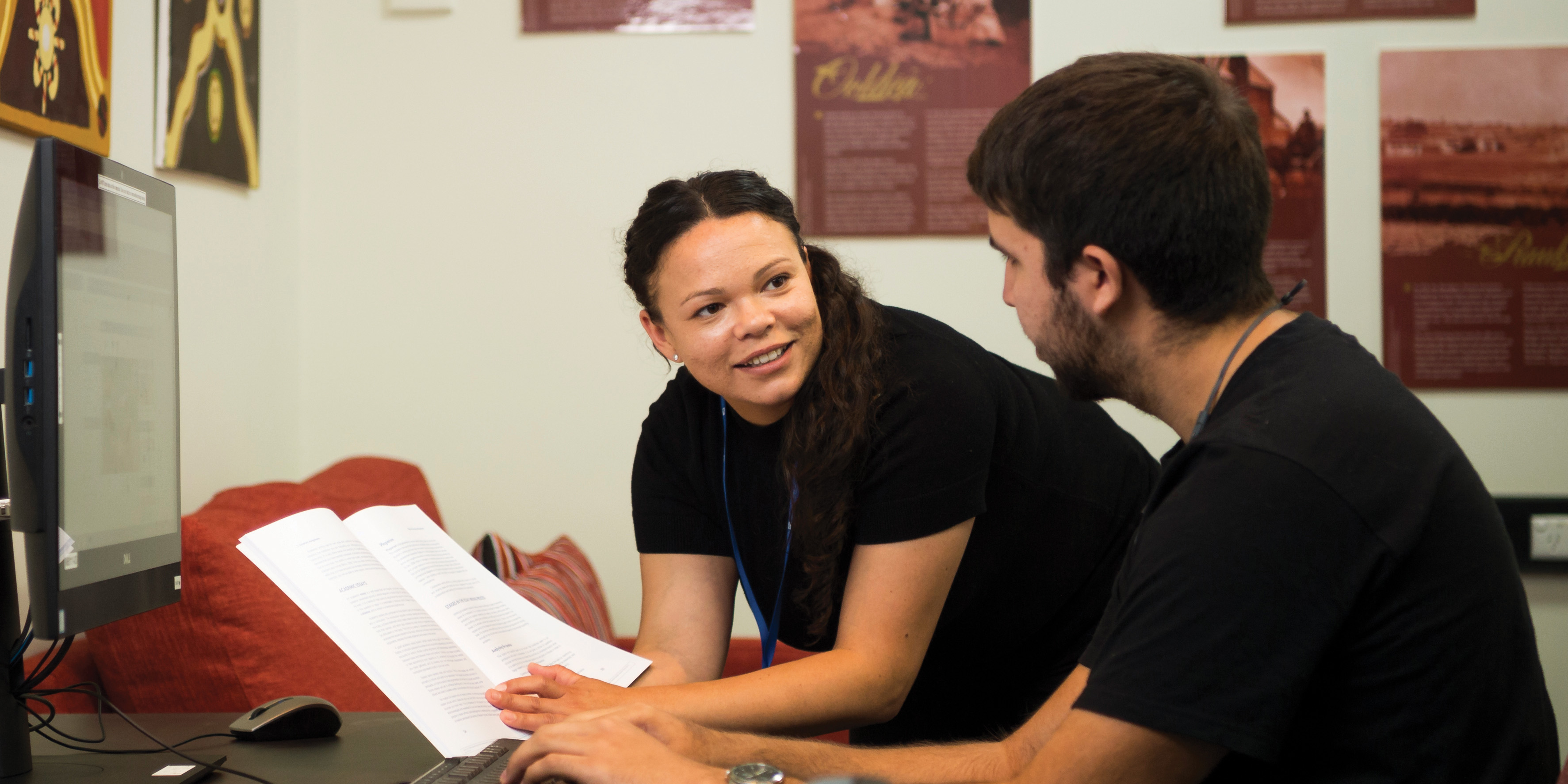 Tahnee Jackson assists a student in the newly refurbished Wirringka Student Services space at the Whyalla Campus.