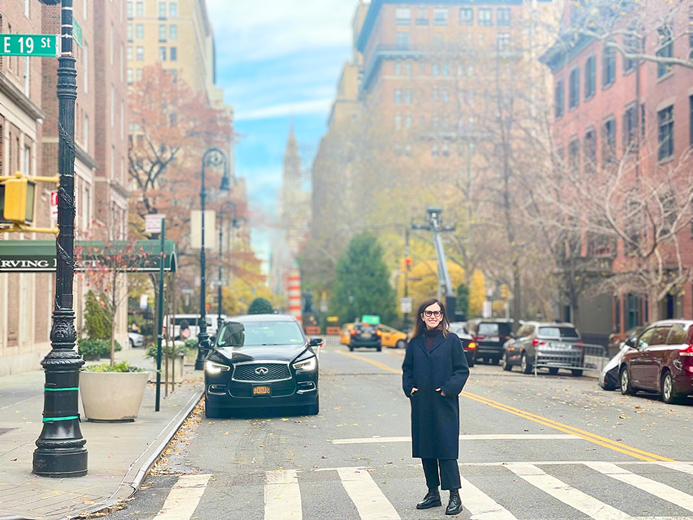 Johanna Jarvis standing on a pedestrian crossing on 19th street New York city