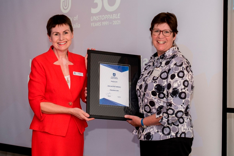 Vicki Tomlinson is welcomed to the Chancellor’s Club by Pauline Carr