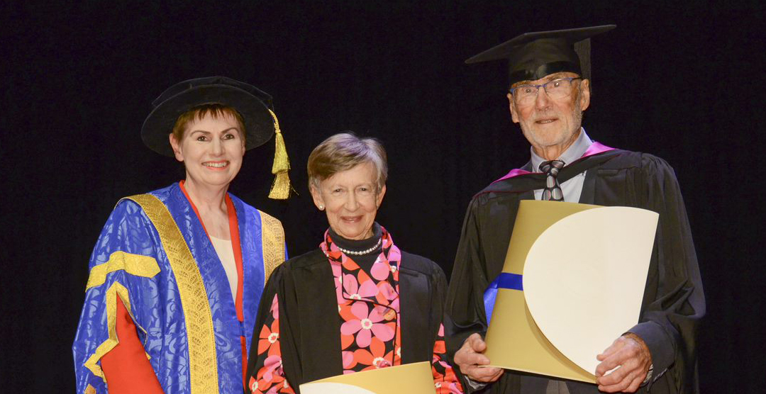 Chancellor Pauline Carr with Gayle and Bob Cowan on the occasion of their being made Fellows of the University of South Australia last year