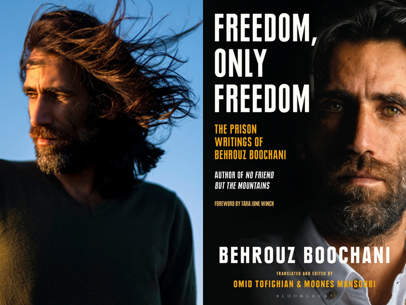 Behrouz Boochani next to the cover of his book 'Freedom, Only Freedom"