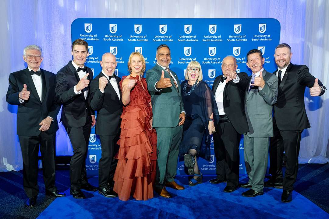 From left: University of South Australia Chancellor, The Honourable John Hill, Matthew Glaetzer, Eric Philips OAM, Louise Adams, Dale Agius, Heather Croall AM, Mario Verrocchi, Angelo Kotses and University of South Australia Vice Chancellor Professor David Lloyd