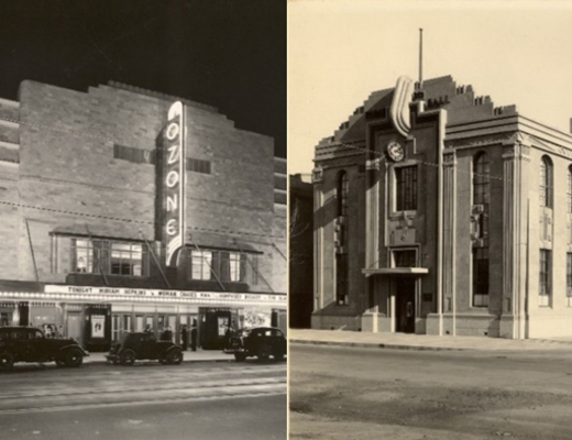 Left - Glenelg Ozone cinema, 1937, F. Kenneth Milne, photograph by D. Darian Smith, Garnaut collection S308. Right - Hindmarsh Town Hall, Hindmarsh, 1936, Chris A. Smith, Chris Smith collection, S334.