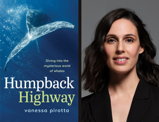 Vanessa Pirotta with the cover of her book Humpback Highway