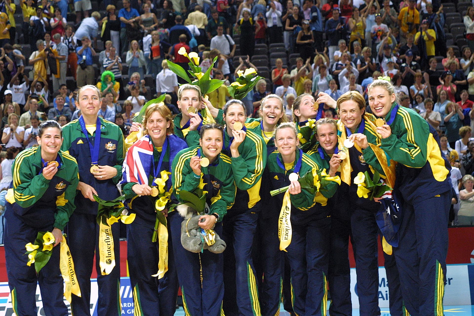 Harby-Williams, far left, after winning gold at the 2002 Commonwealth Games by Leon Mead, News Limited