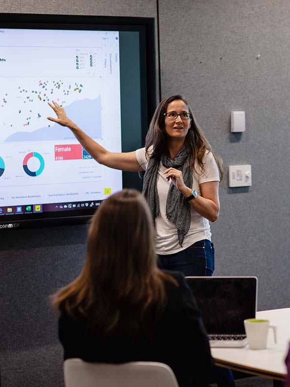 A person speaking in front of a presentation screen