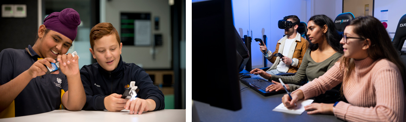 (L) Students from St Joseph’s School, Hectorville experiment with technology at the Samsung SmartSchool at UniSA. (R) UniSA students learn about using virtual reality in a hands-on workshop.