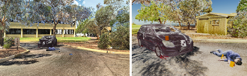 Images of a simulated hit-and-run crime scene as viewed through a 3D headset.