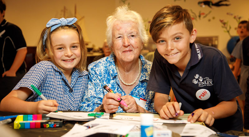 Forget me not is an intergenerational education program designed to improve awareness and understanding of dementia among the South Australian community. Pictured L-R: Zara Rodda, Marie Jone and Matthew Morrell.