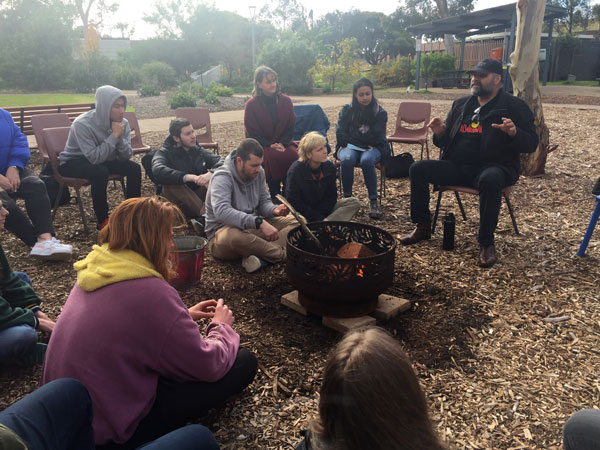 Haydyn Bromley, executive director of Bookabee Australia and cultural consultant to UniSA, leads students in a yarn about respect and care for Aboriginal knowledges.