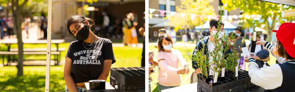 (L) UniSA student Ishika Mahajan. (R) The Student Sustainability Collective stall at the Campus Fair. Credit: Juan Van Staden.