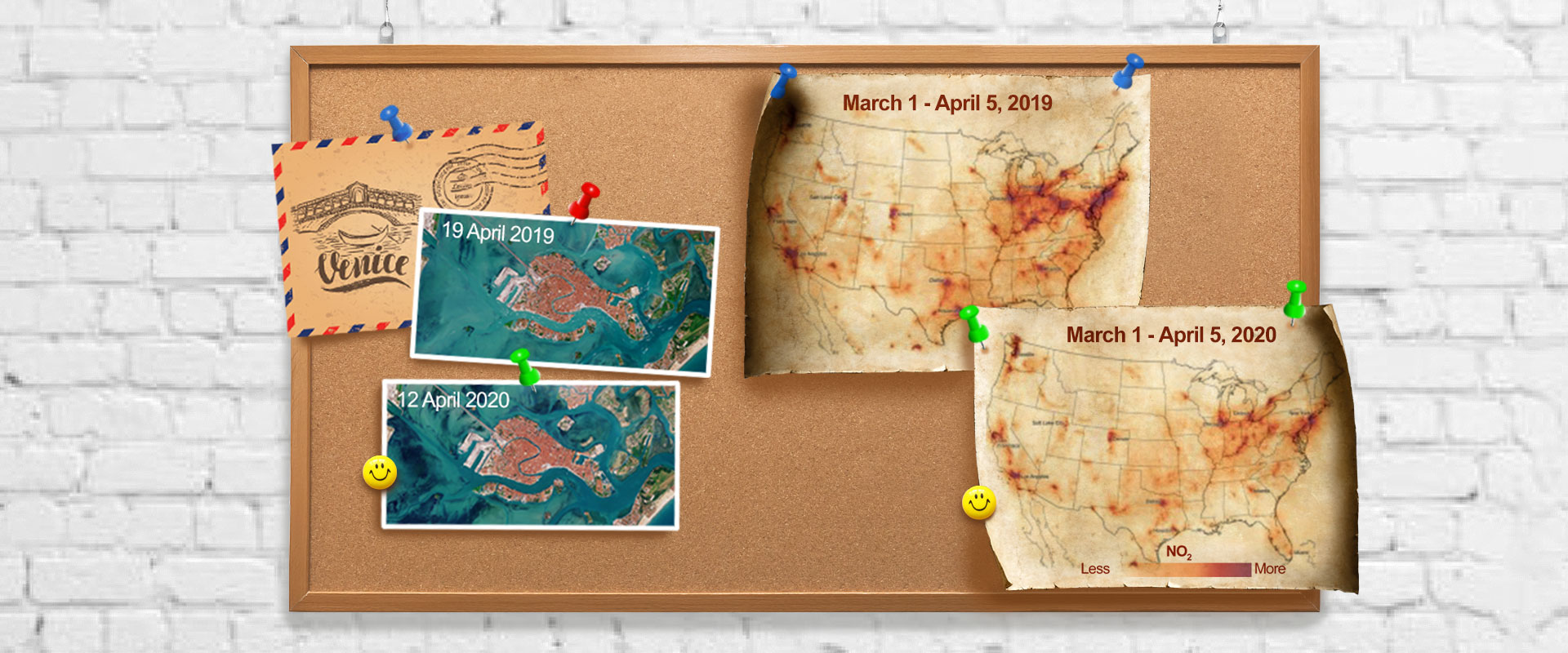 Postcard and maps on cork board showing the positive environmental changes resulting from the Covid-19 pandemic