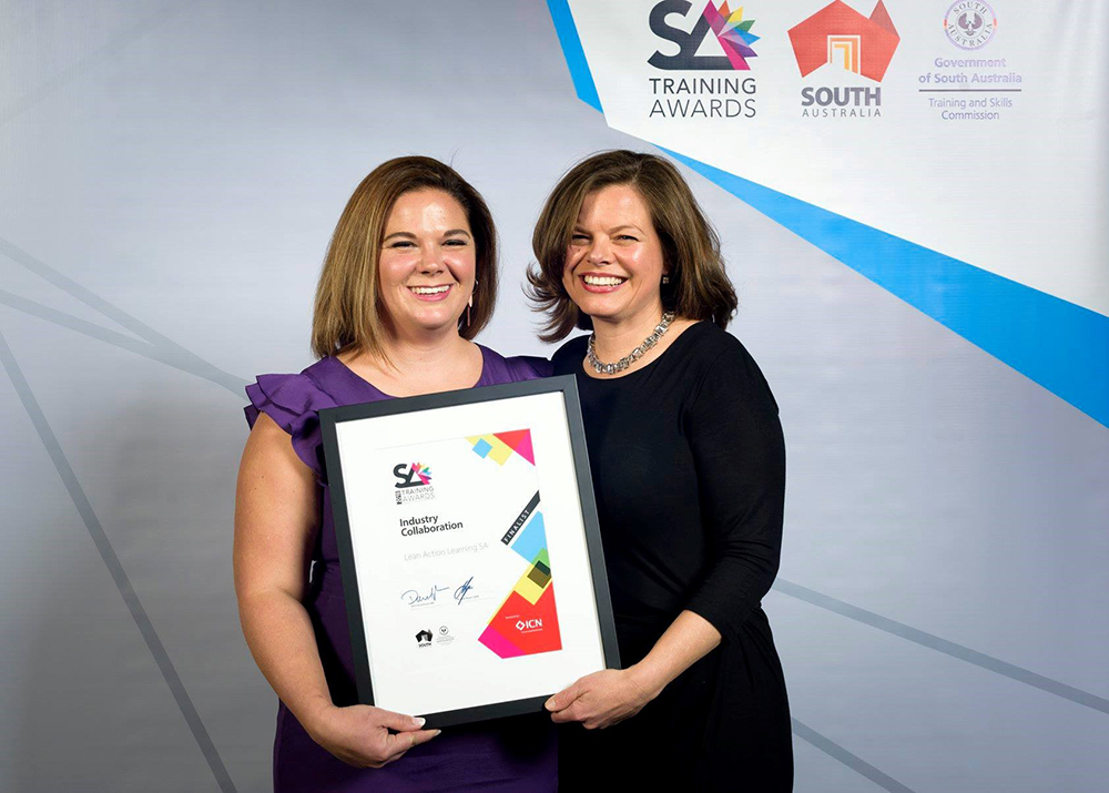 Genevieve (right) with sister Belinda Cother Hart at the 2018 Industry Collaboration at the South Australian Training Awards as finalists for Industry Collaboration, with their Lean Action Learning program. Credit.